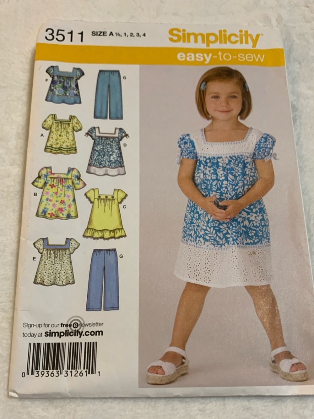 Simplicity 3511 Floral Square-Neck Girls' Top & Pants Pattern Size 1/2,1,2,3,4